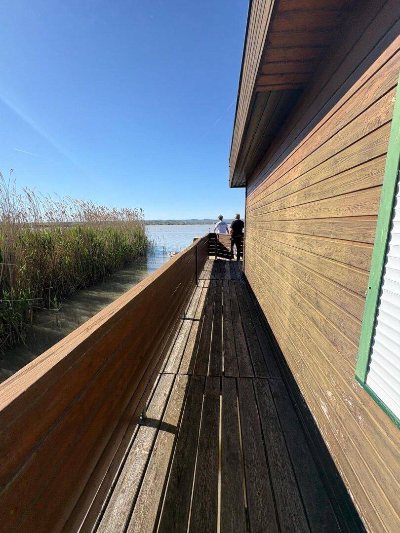 Seitenansicht des Holzhauses mit langem Holzsteg entlang des Wassers und Schilf.
