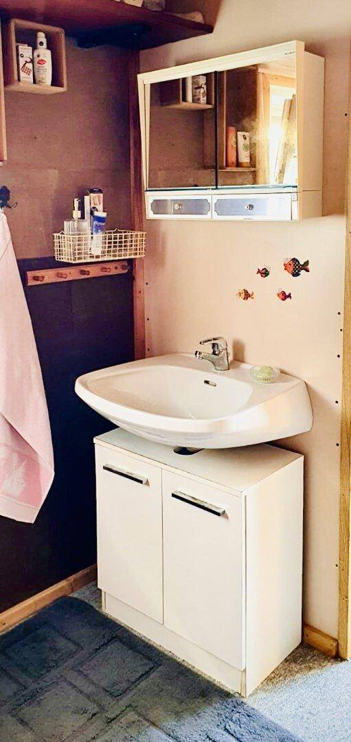 Badezimmer mit Waschbeckenunterschrank, Spiegelschrank und Holzverkleidung an den Wänden.