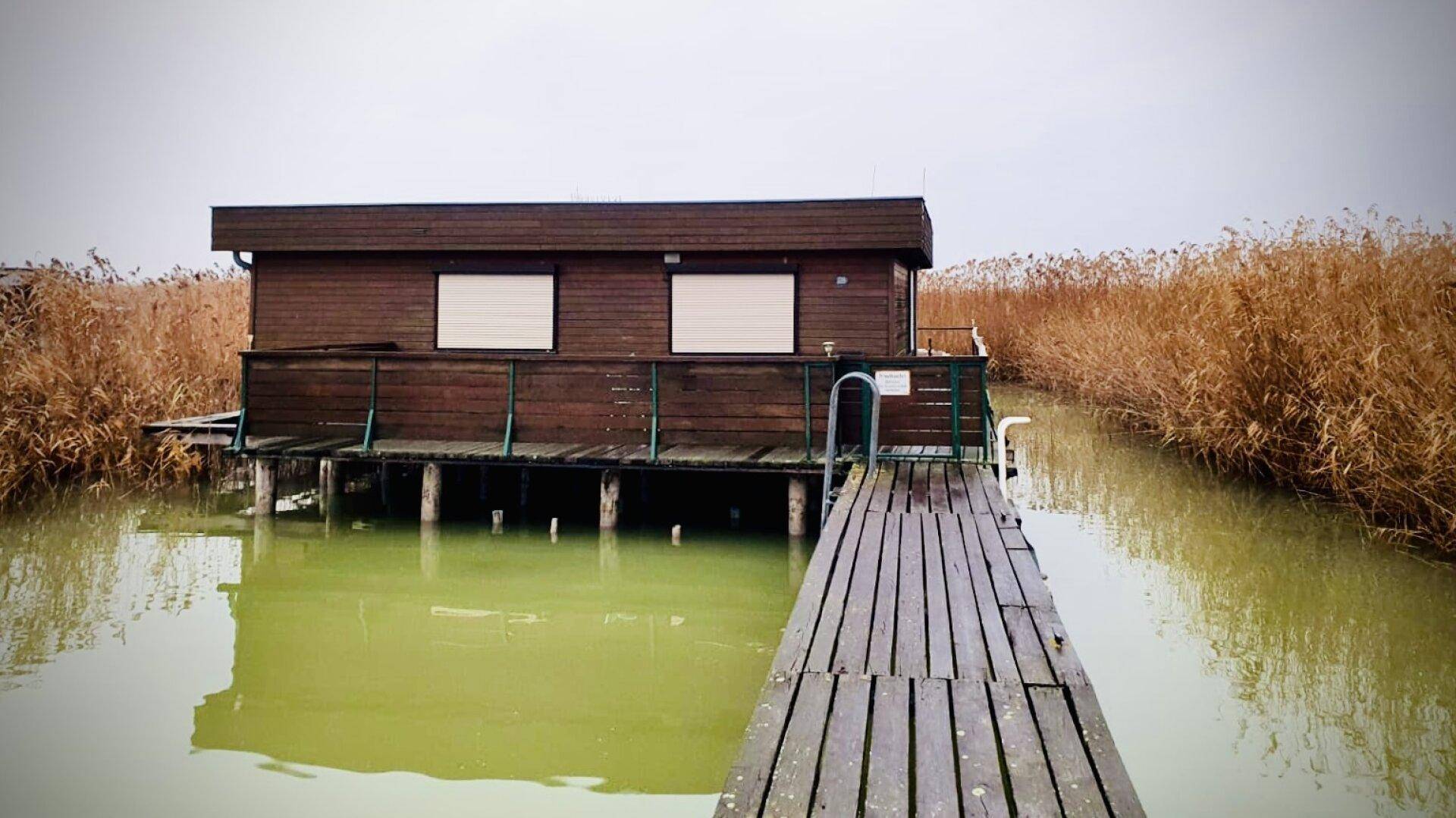 Kleines Holzhaus auf Stelzen über dem Wasser, umgeben von trockenem Schilf und einem Holzsteg.