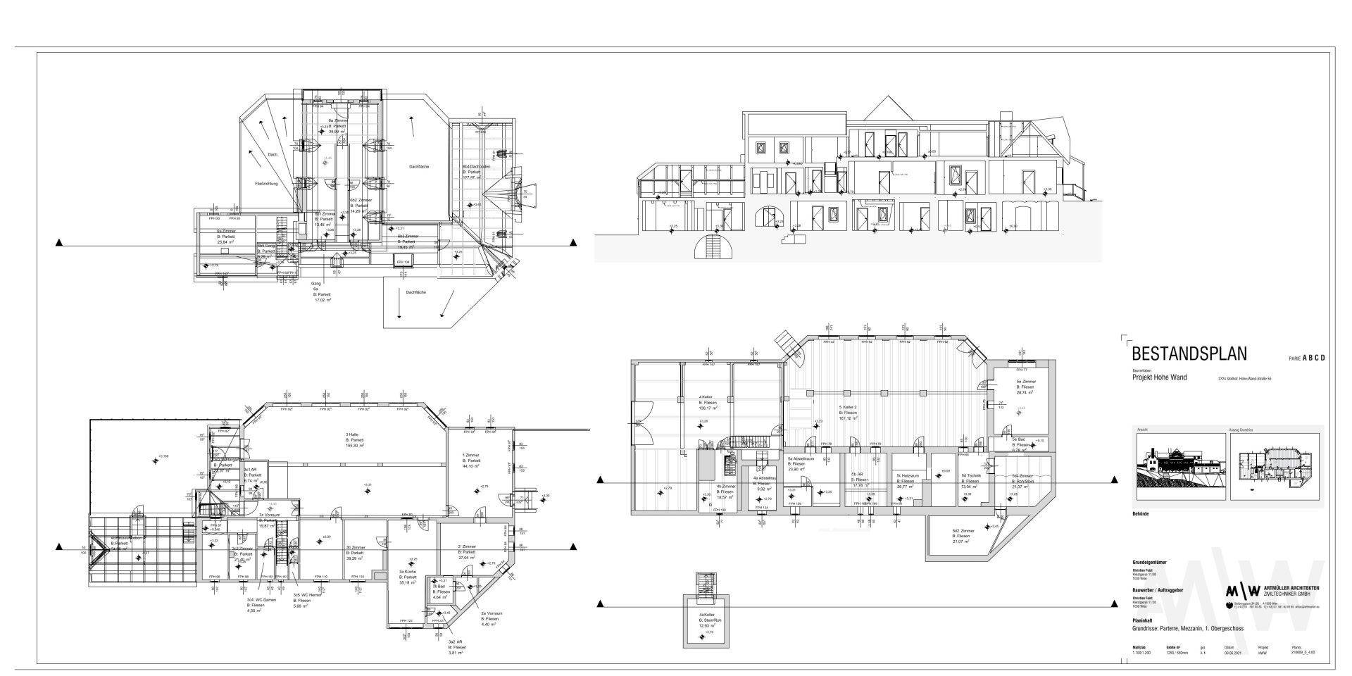 Architektonische Grundrisse und Schnitte des Gebäudes mit verschiedenen Ebenen und Details.