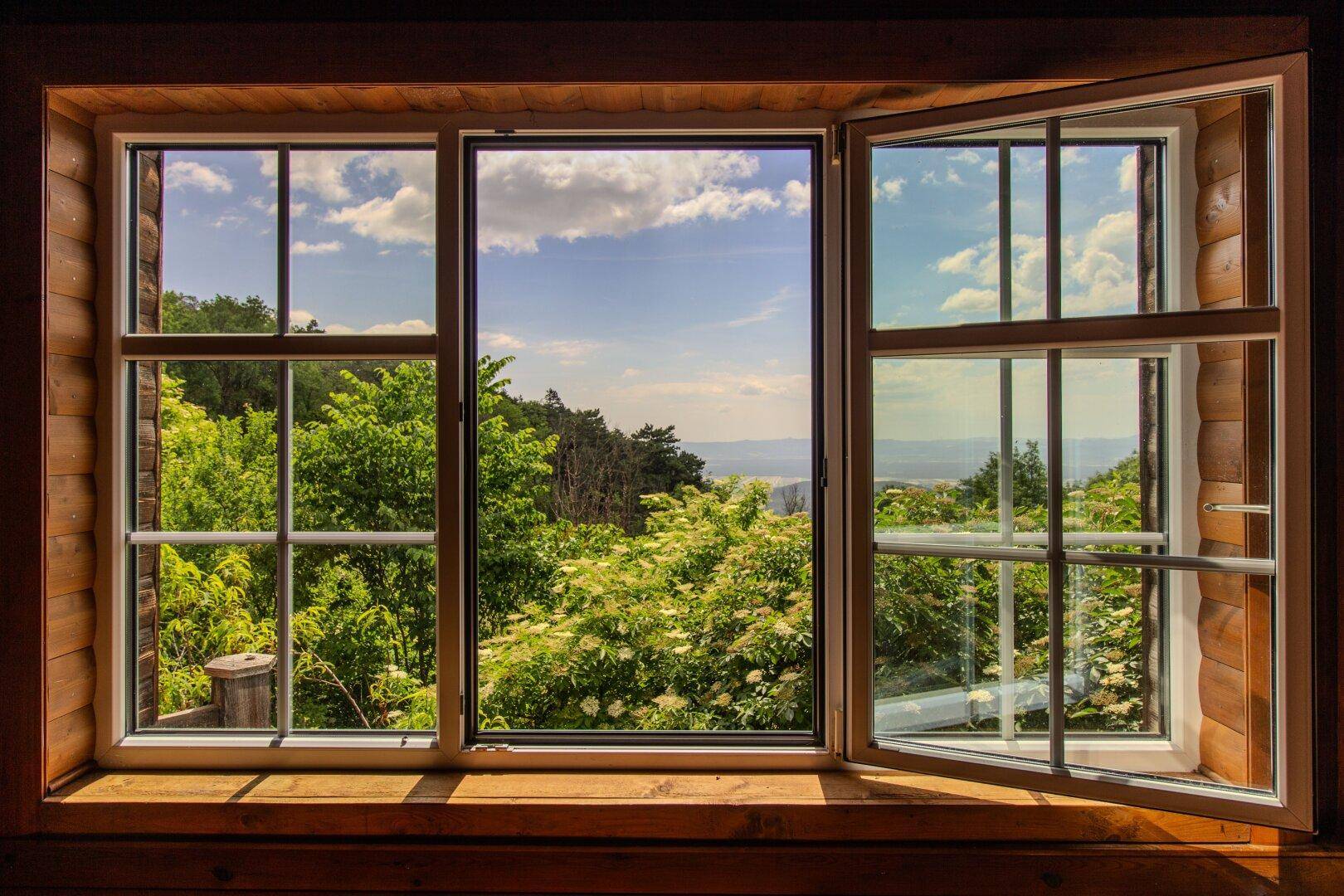 Fenster mit Blick auf grüne Bäume und eine weite Landschaft unter blauem Himmel.