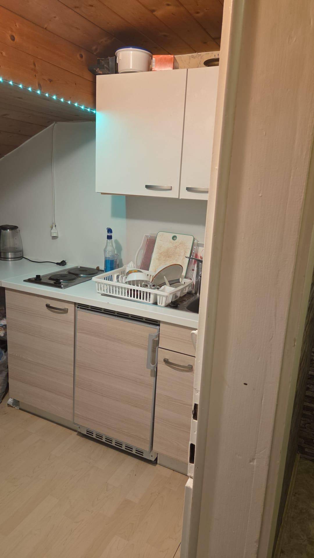 Kleine Küchenzeile im Dachgeschoss mit Holzdecke, Dachschräge und integrierten Geräten.