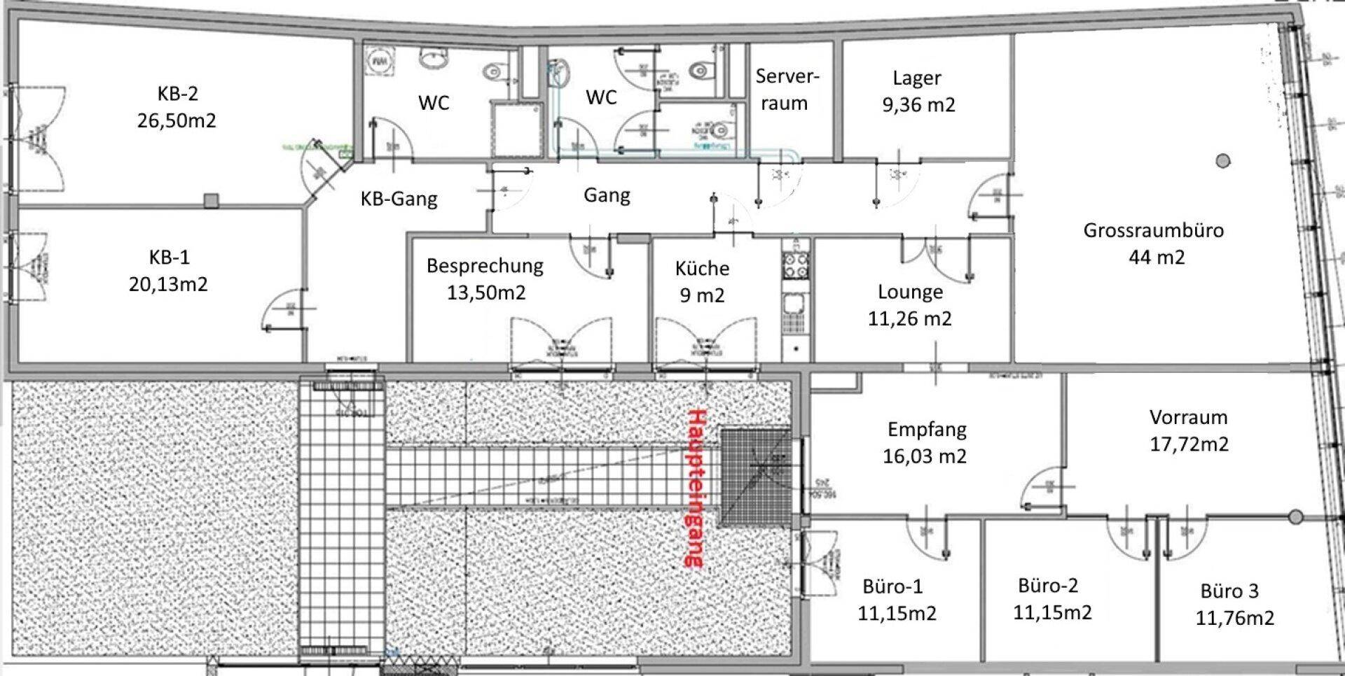 Detaillierter Grundriss einer Büroetage mit verschiedenen Räumen und Flächenangaben.