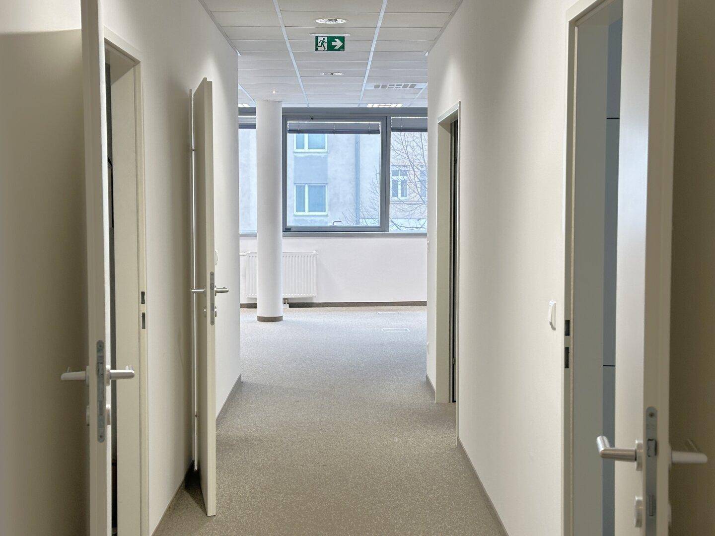 Heller Flur mit mehreren Türen, der zu den Büroräumen führt und einen Blick nach draußen bietet.