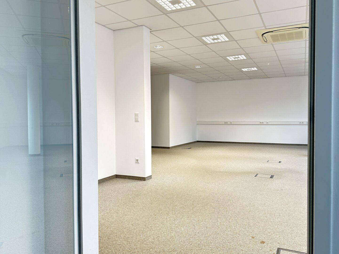 Blick durch eine Tür in einen großen, leeren Büroraum mit Teppichboden und viel Tageslicht.