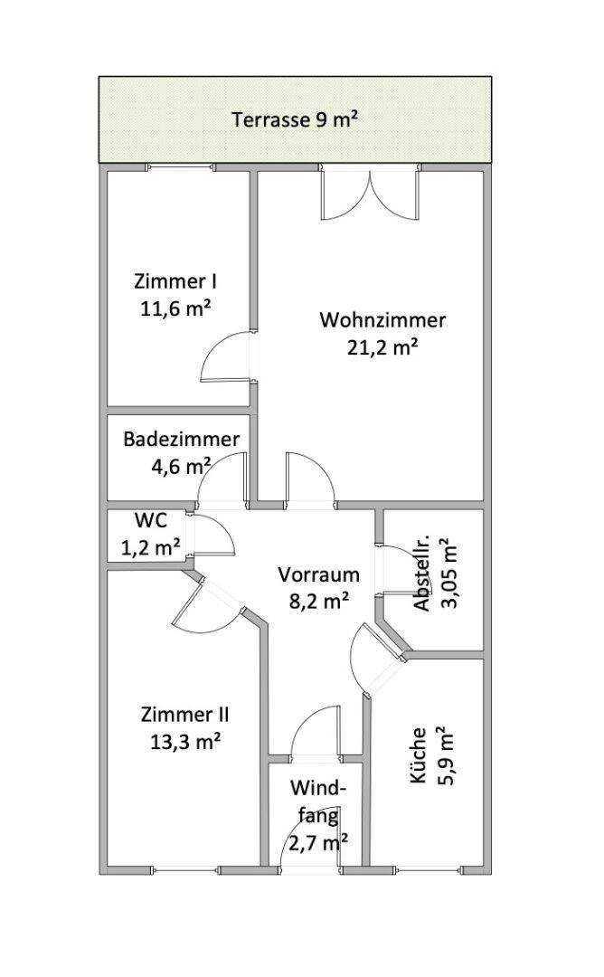 Grundriss einer Wohnung mit Wohnzimmer, zwei Schlafzimmern, Küche, Bad, separatem WC und einer Terrasse.