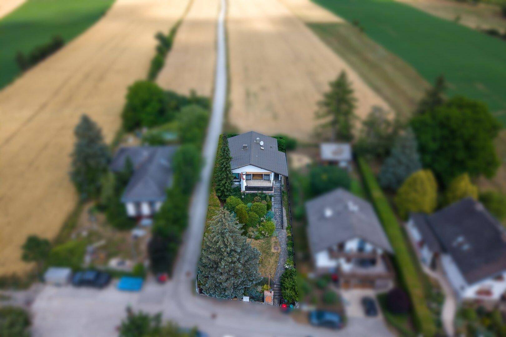 Das Haus von oben, umgeben von Bäumen und landwirtschaftlich genutzten Flächen.