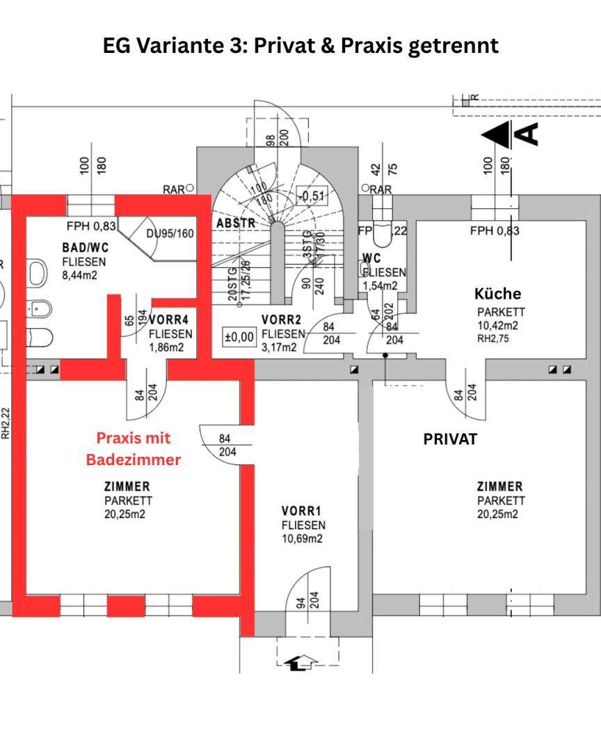 Grundrissvariante des Erdgeschosses, aufgeteilt in Privat- und Praxisbereiche.