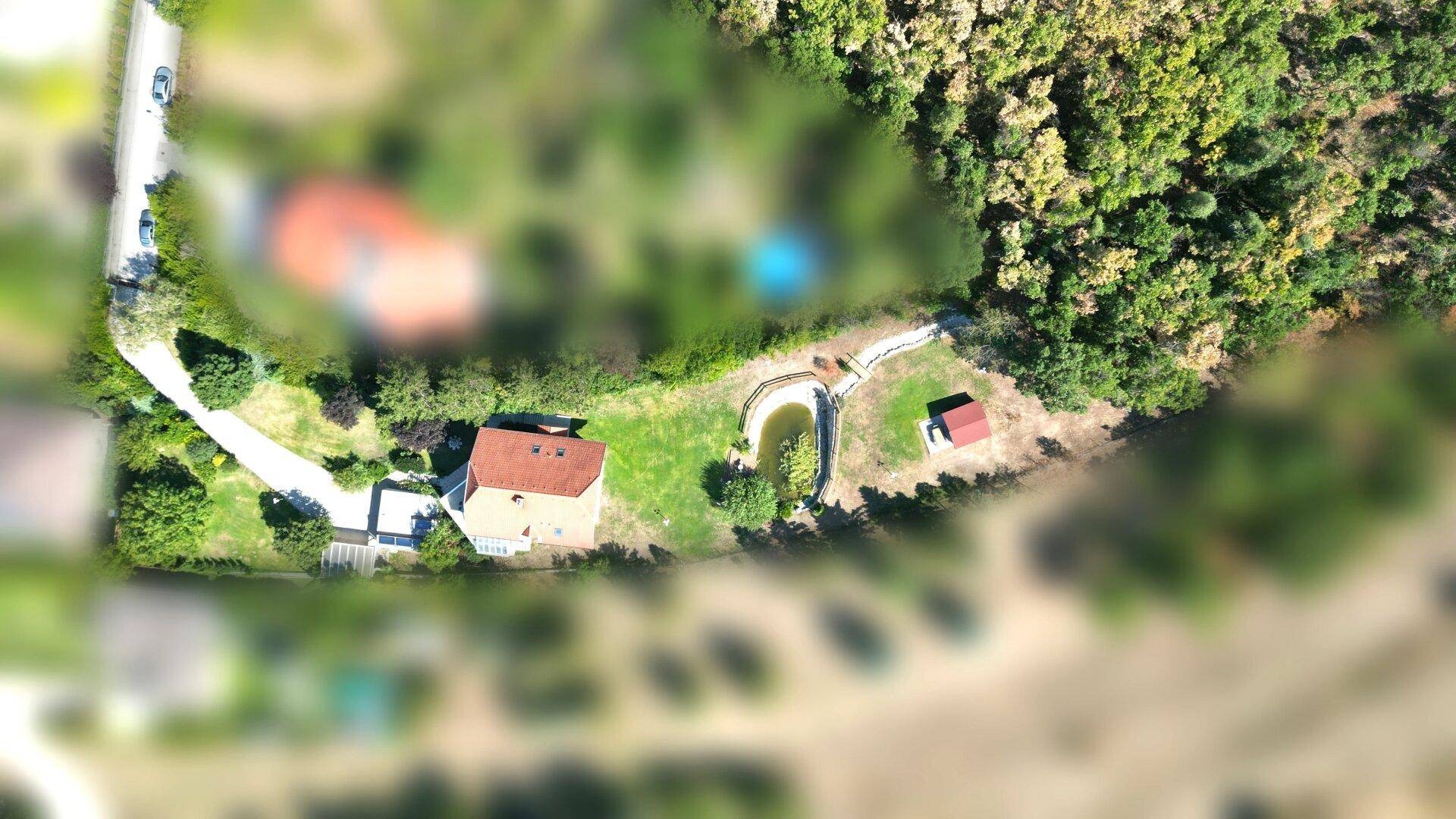 Weitläufige Luftaufnahme des gesamten Anwesens mit Haus, Teich und angrenzenden Waldgebieten.