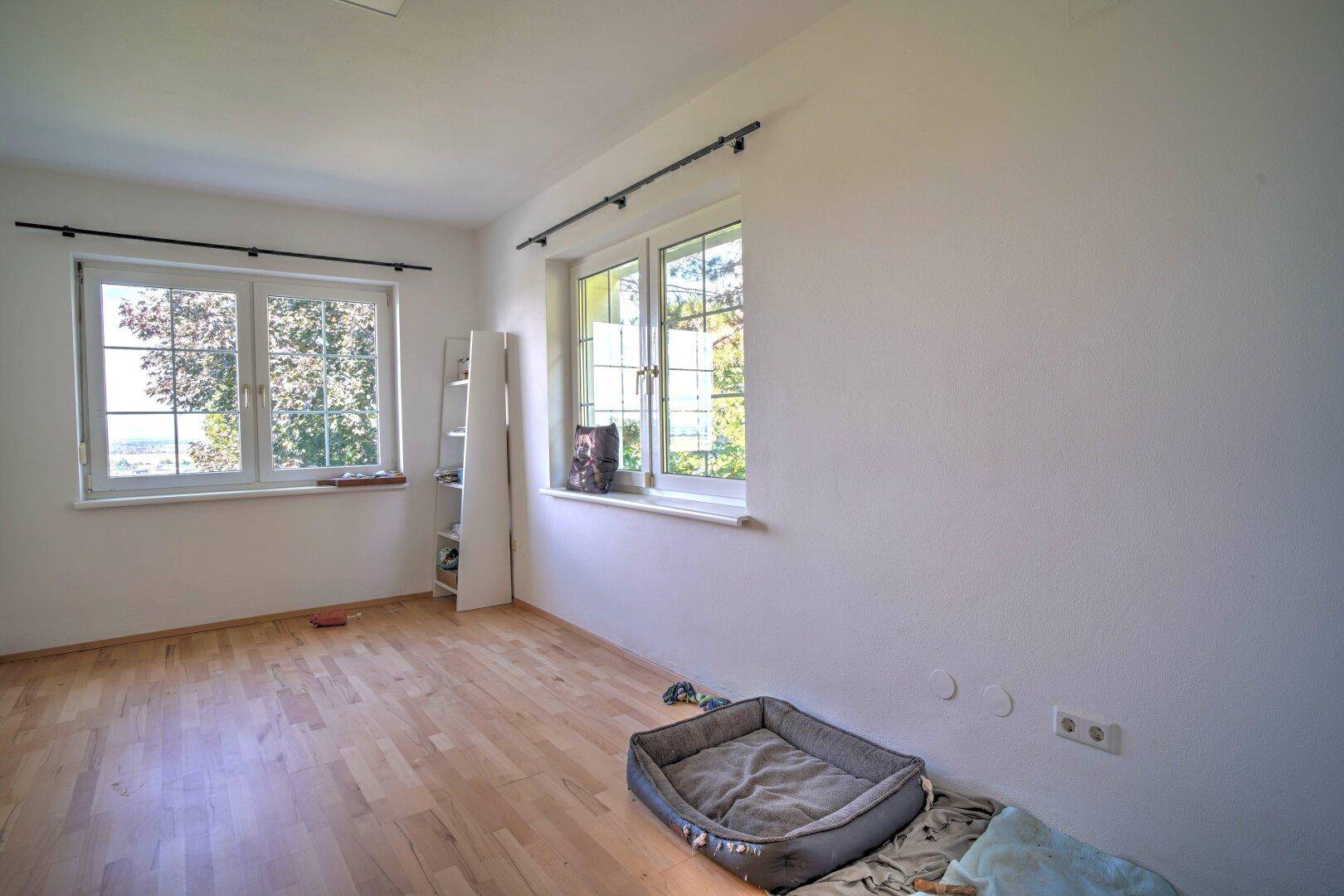 Geräumiges Zimmer mit hellen Wänden und Holzboden, ideal als Schlaf- oder Gästezimmer.