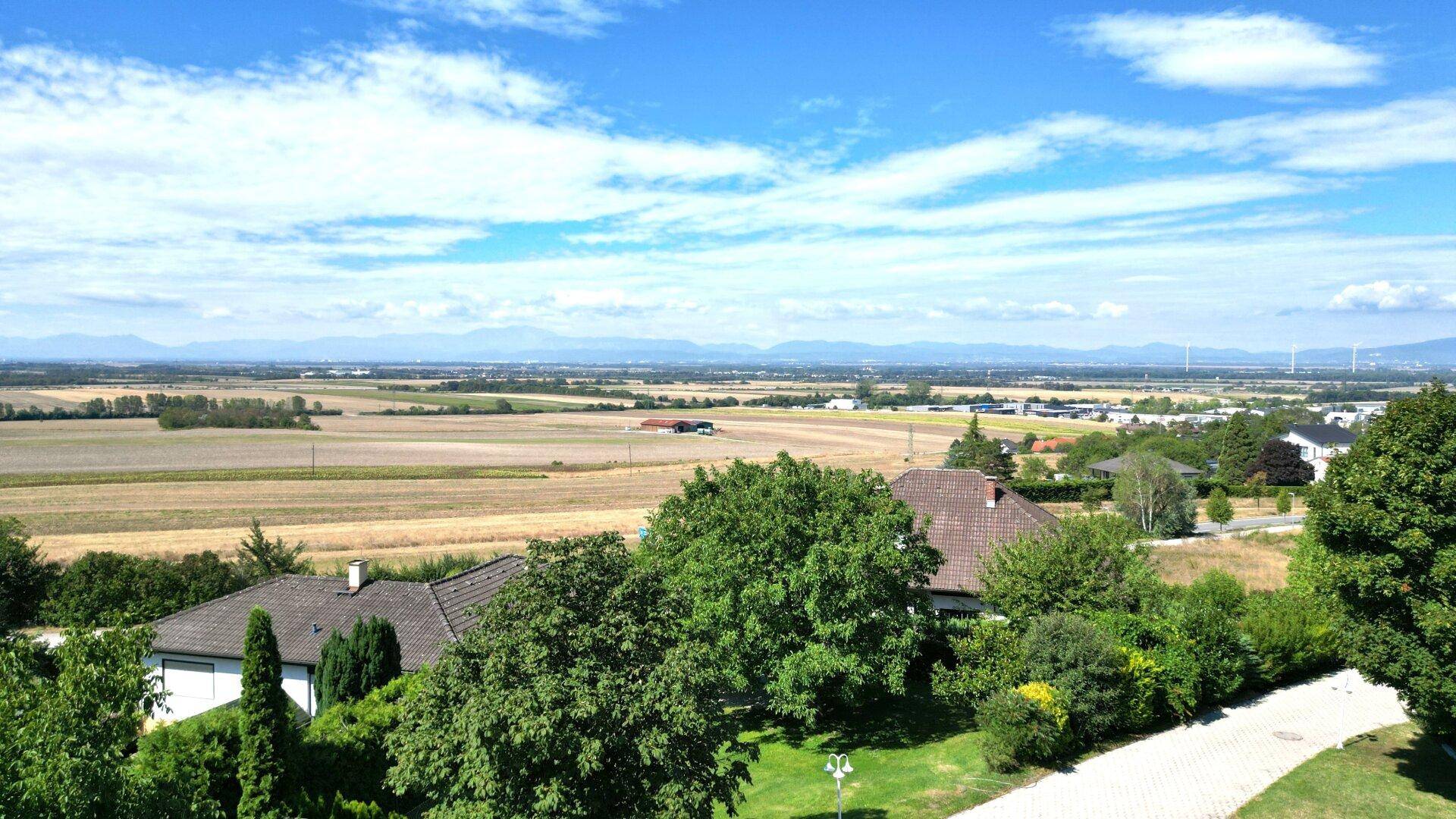 Weitläufiger Panoramablick über die grüne Landschaft mit Feldern und entfernten Bergen.