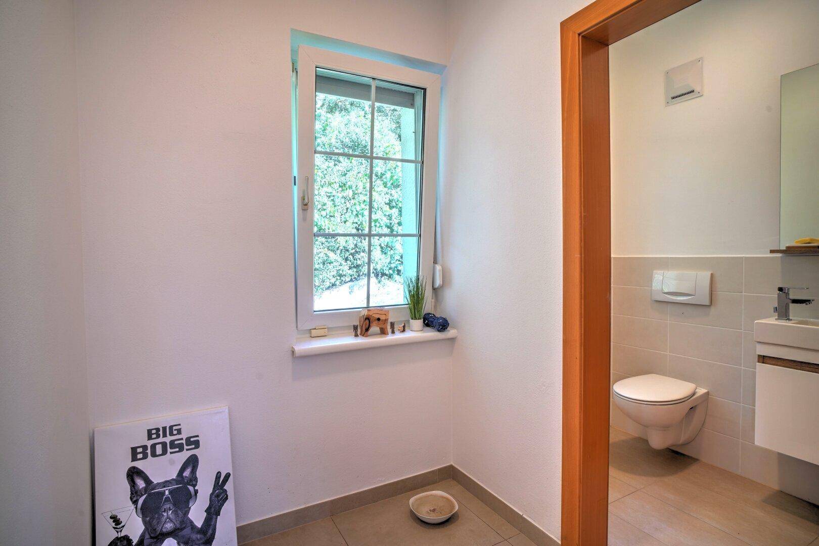 Kleiner Raum mit Fenster und Zugang zu einem modernen Gäste-WC mit Wand-WC und Waschbecken.
