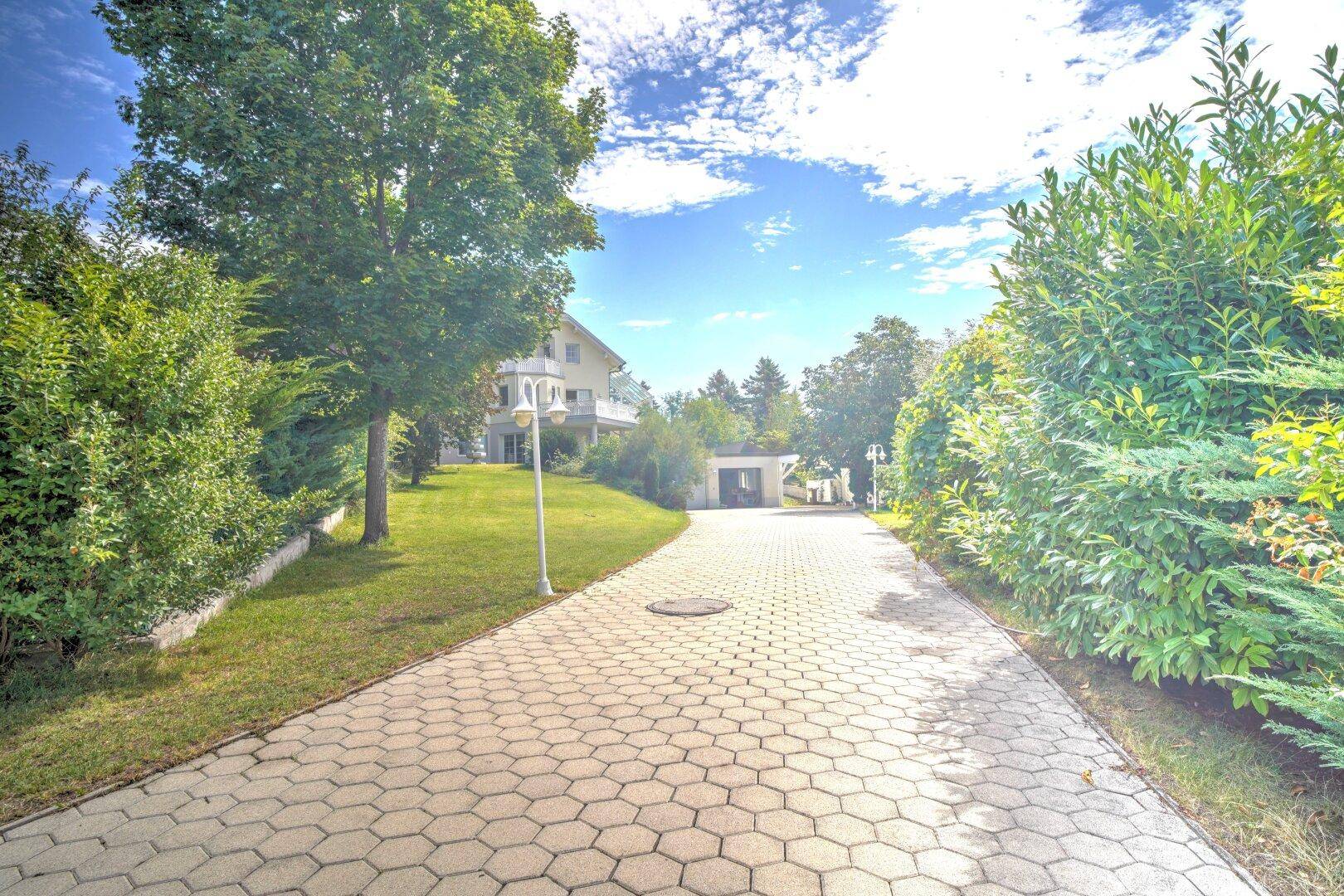 Lange, gepflasterte Auffahrt führt durch eine grüne Allee zum Haupthaus und den Garagen.
