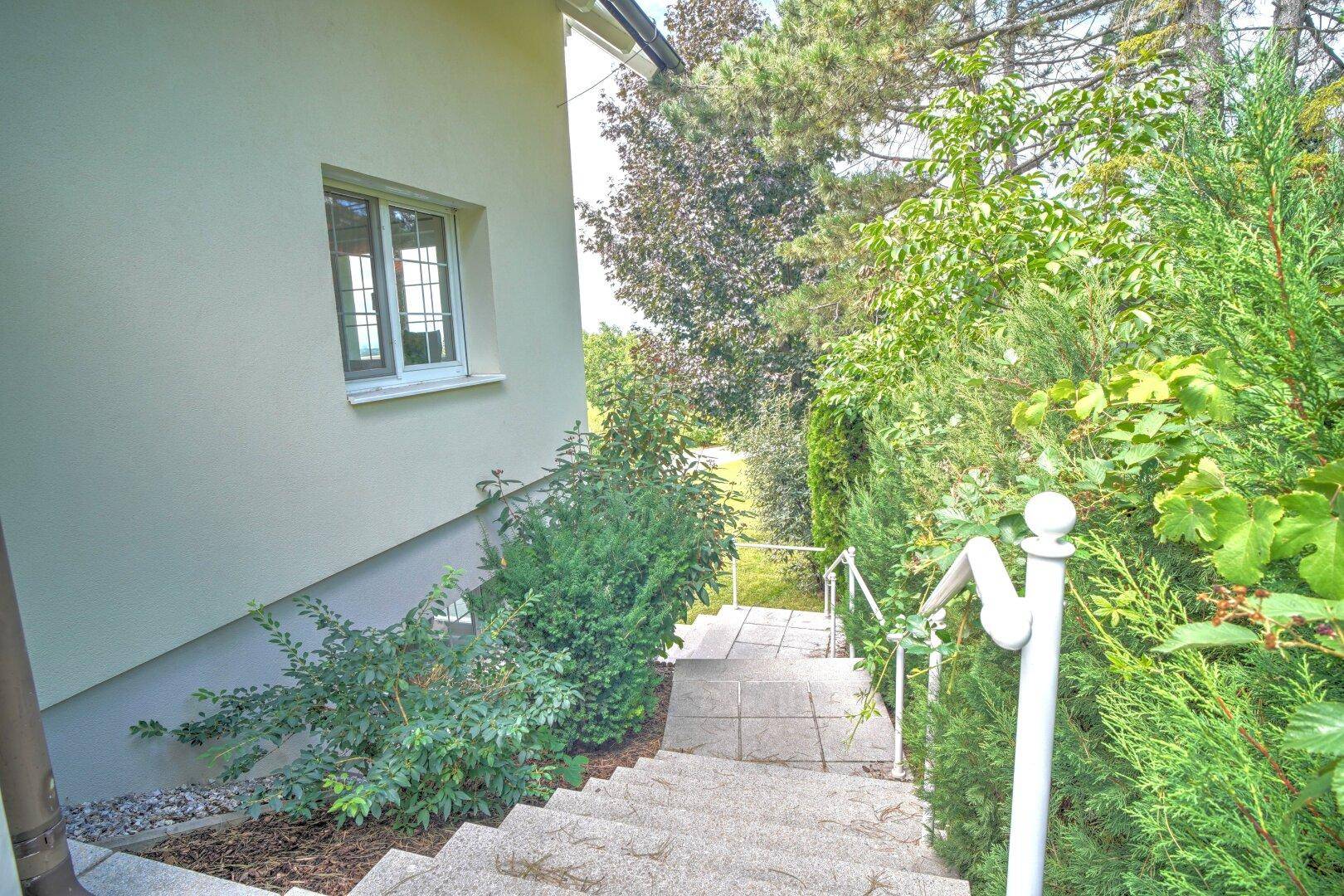 Seitlicher Zugang zum Haus über eine Steintreppe, umgeben von üppigem Grün und Sträuchern.