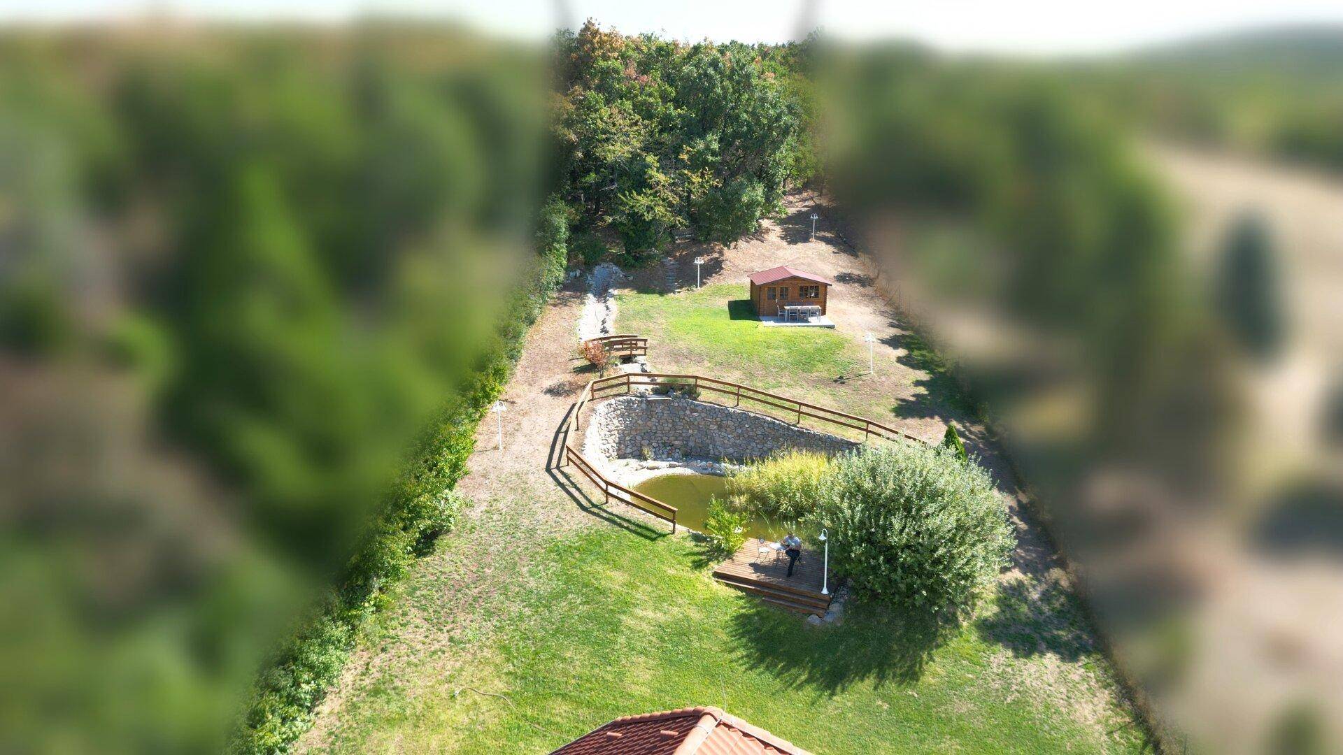 Luftaufnahme des Anwesens mit einem Teich, umgeben von viel Grün und einem kleinen Gartenhaus.