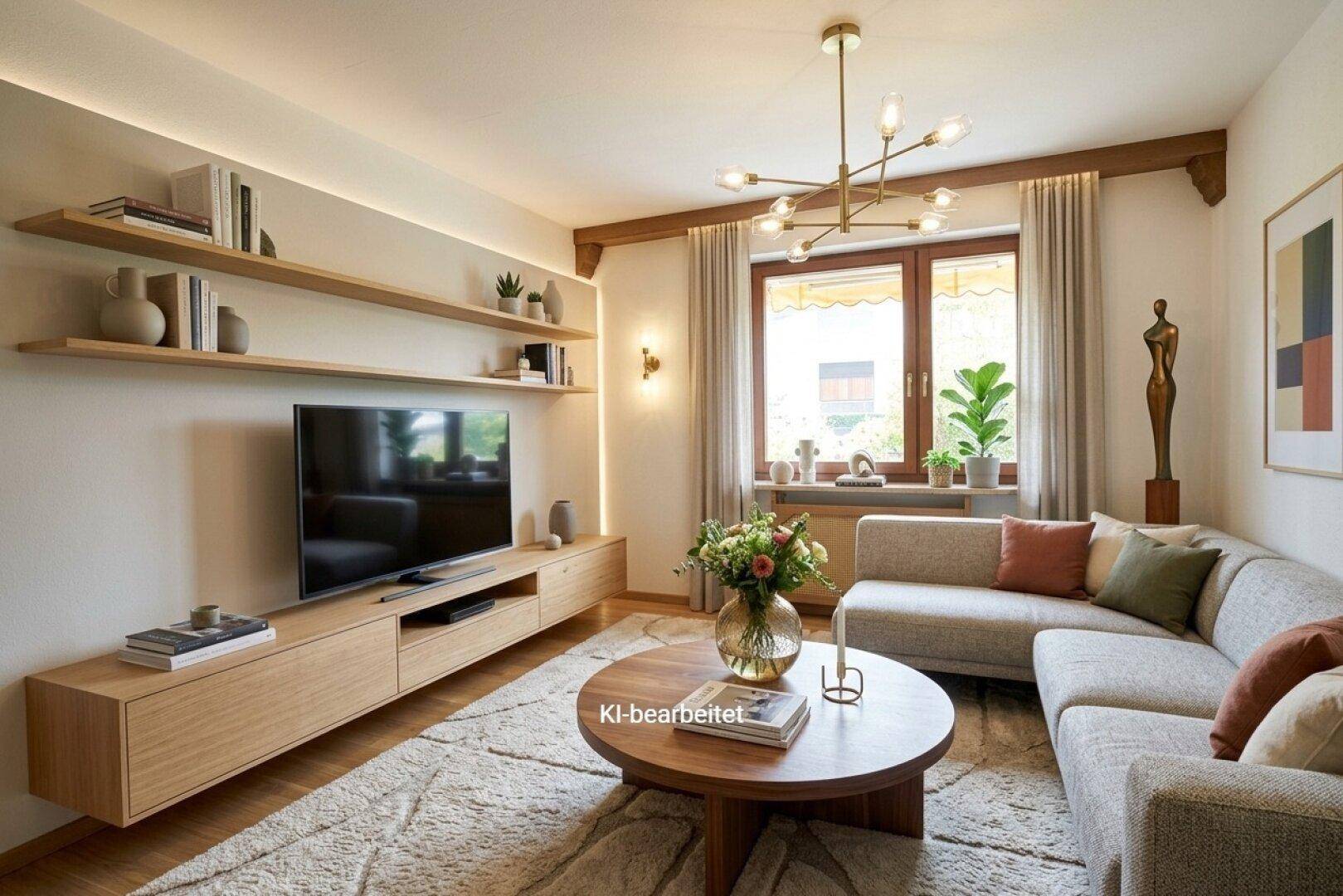 Modern gestalteter Wohnbereich mit beigem Sofa, Holzelementen und indirekter Beleuchtung.