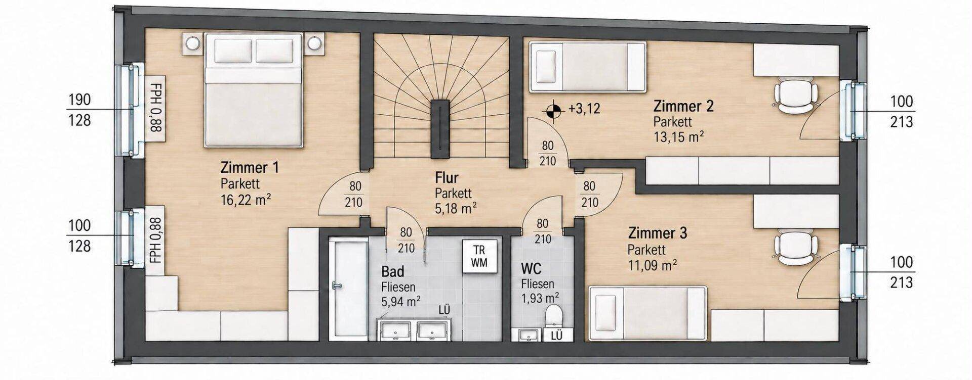 Grundriss des ersten Obergeschosses mit drei Schlafzimmern, Bad und separatem WC.