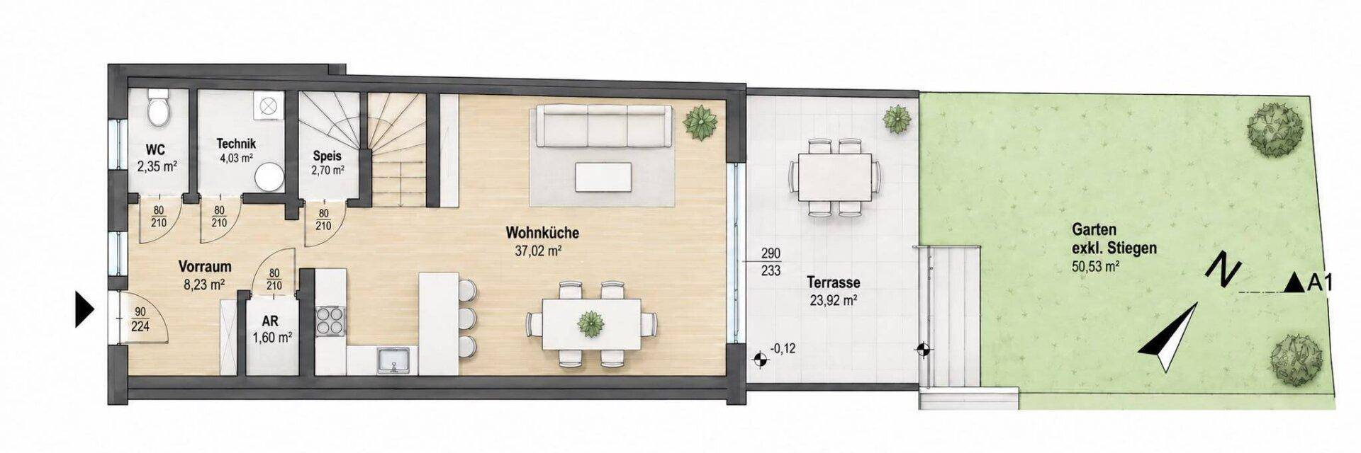 Grundriss des Erdgeschosses mit offener Wohnküche, Terrasse und Gartenbereich.