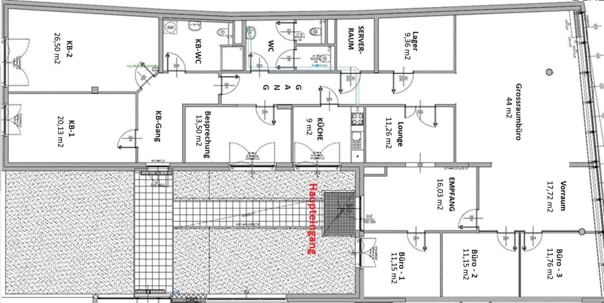 Detaillierter Grundriss eines Bürokomplexes mit verschiedenen Räumen und Flächenangaben.