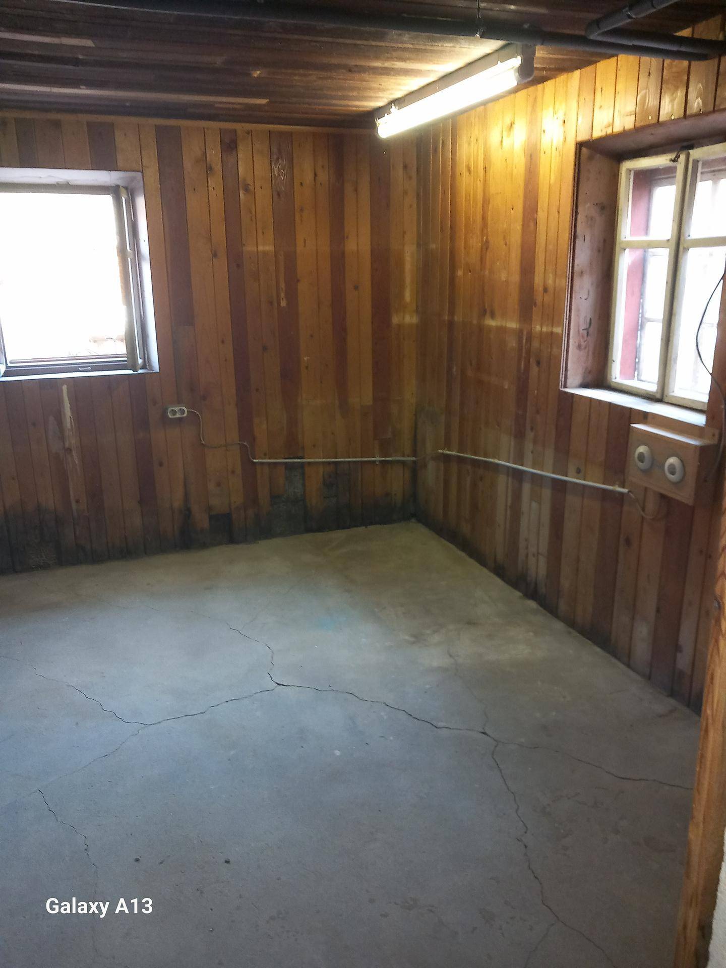 Raum im Untergeschoss mit Holzwänden, Betonboden und zwei Fenstern, ideal als Werkstatt.