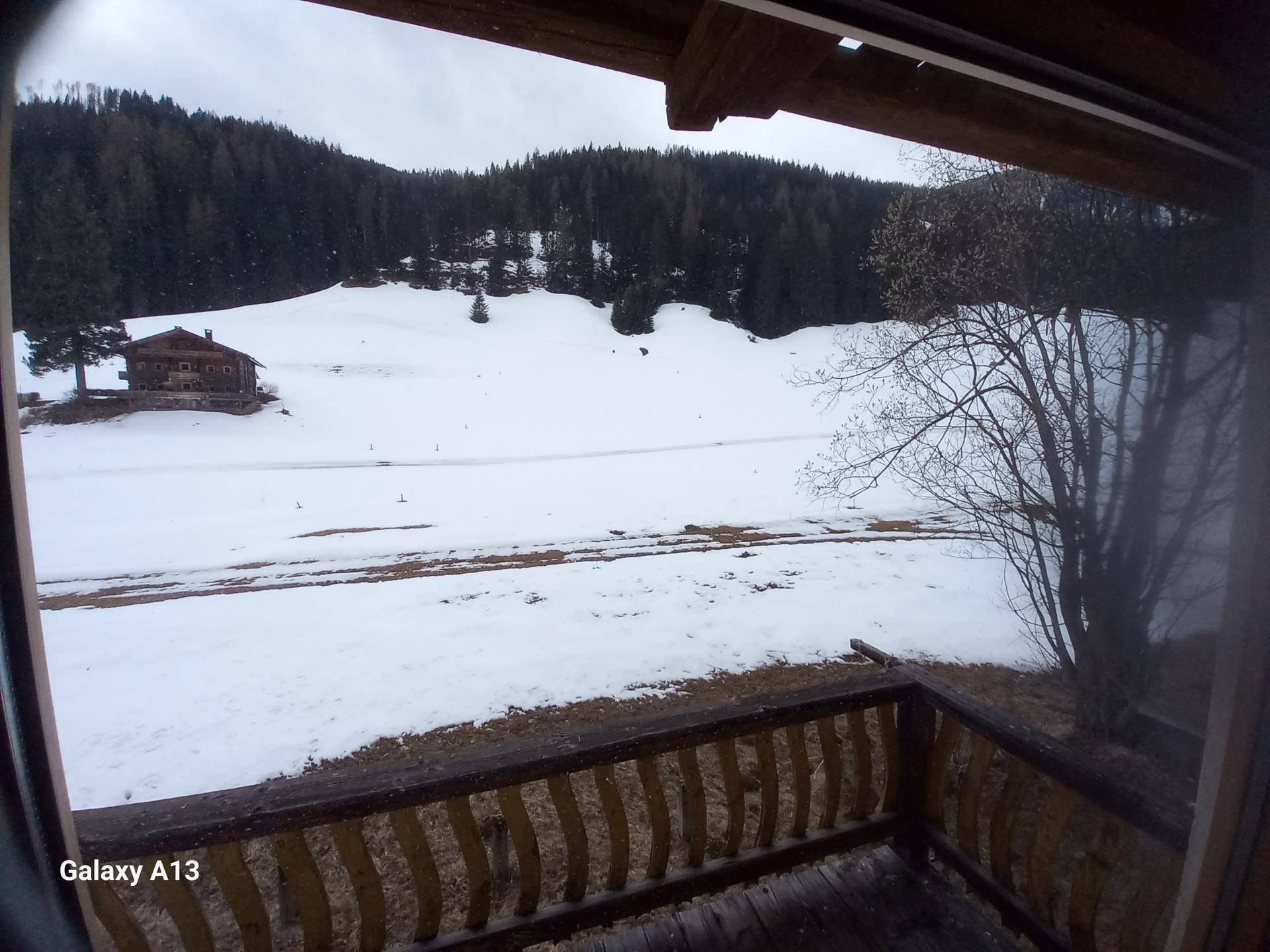 Blick von einem Balkon auf eine verschneite Landschaft mit einem weiteren Haus und Wald im Hintergrund.