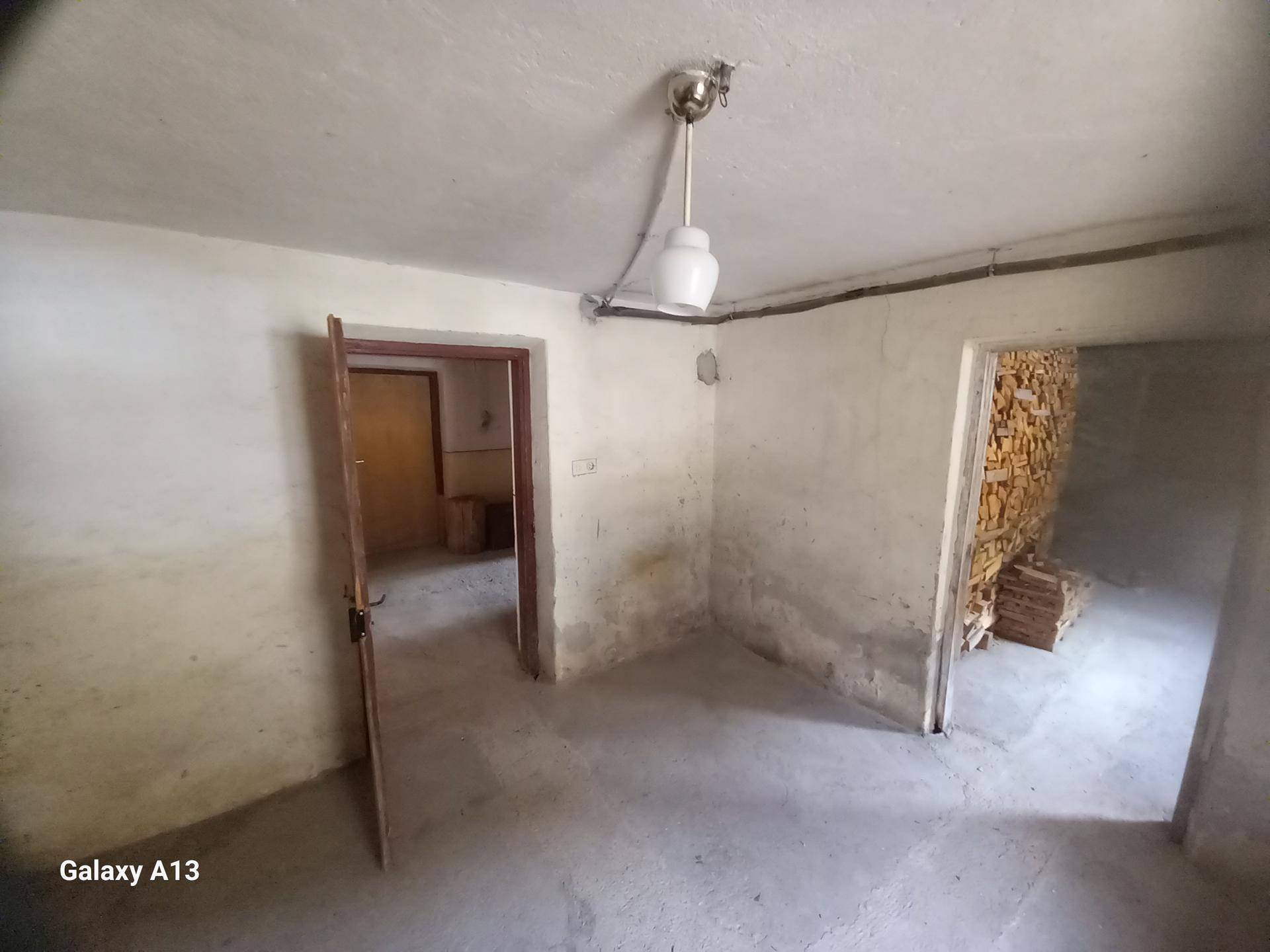 Raum im Untergeschoss mit Betonboden und mehreren Türen, teilweise mit Holzstapeln gefüllt.