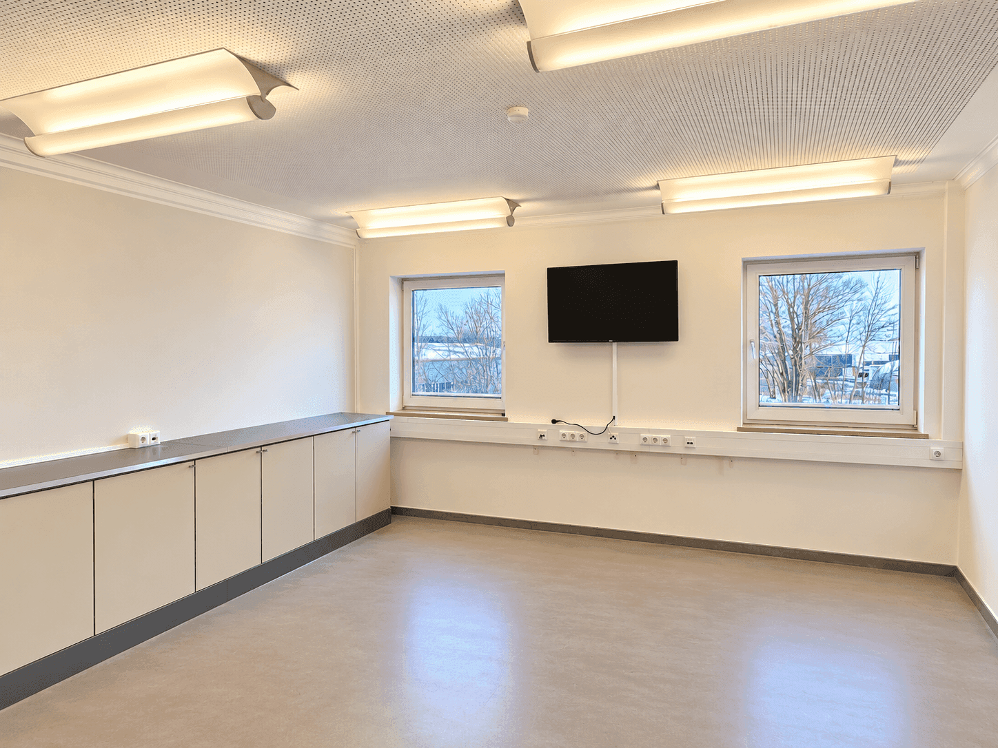 Heller Raum mit langen Einbauschränken, zwei Fenstern und modernem Bodenbelag.
