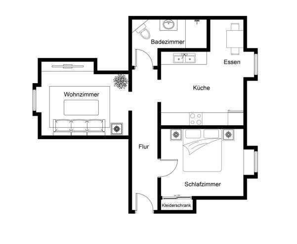 Grundriss einer Wohnung mit Wohnzimmer, Schlafzimmer, Küche und Bad.