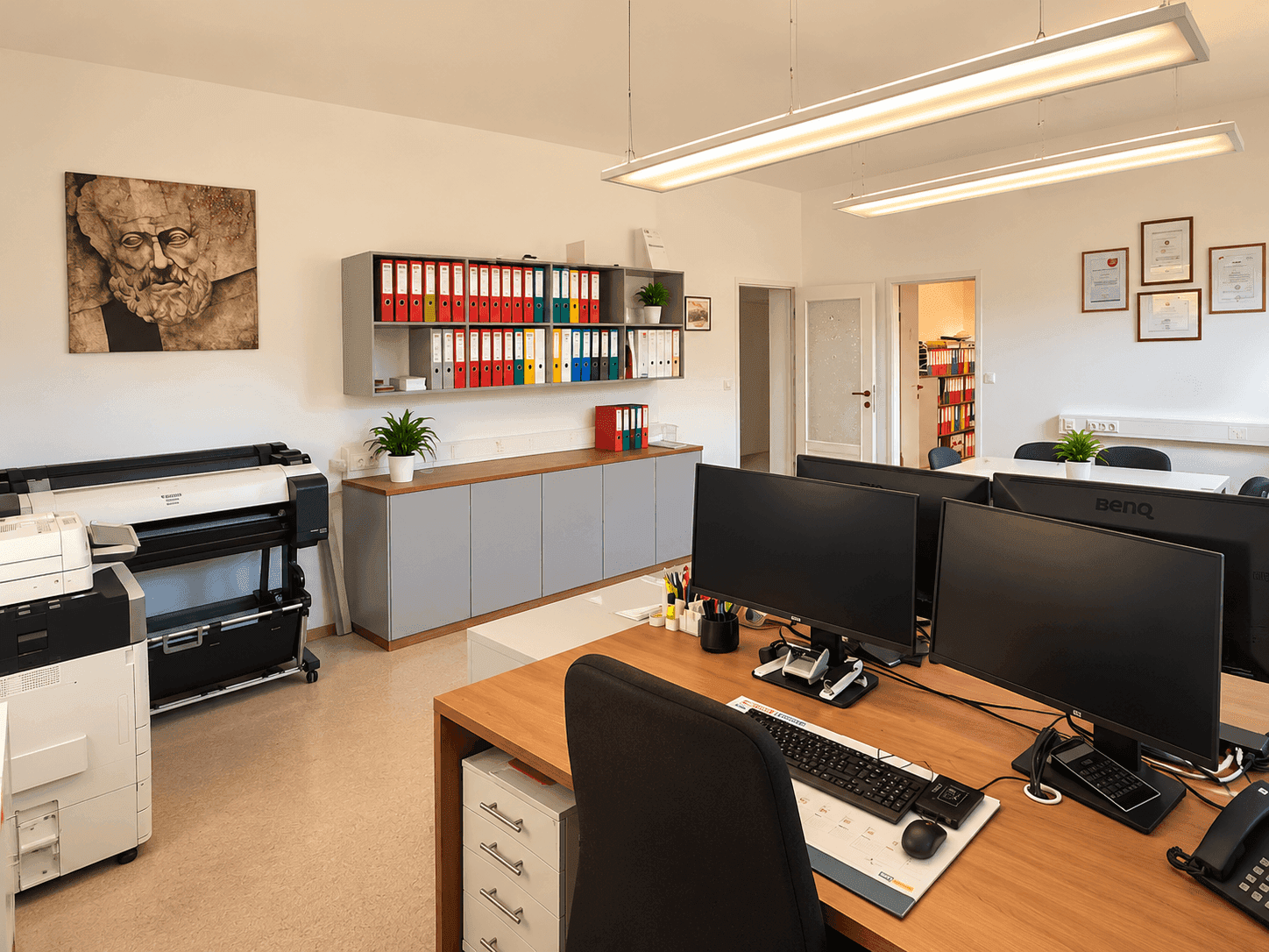 Großes, offenes Büro mit mehreren Arbeitsplätzen, Regalen voller Aktenordner und einem Großformatdrucker.