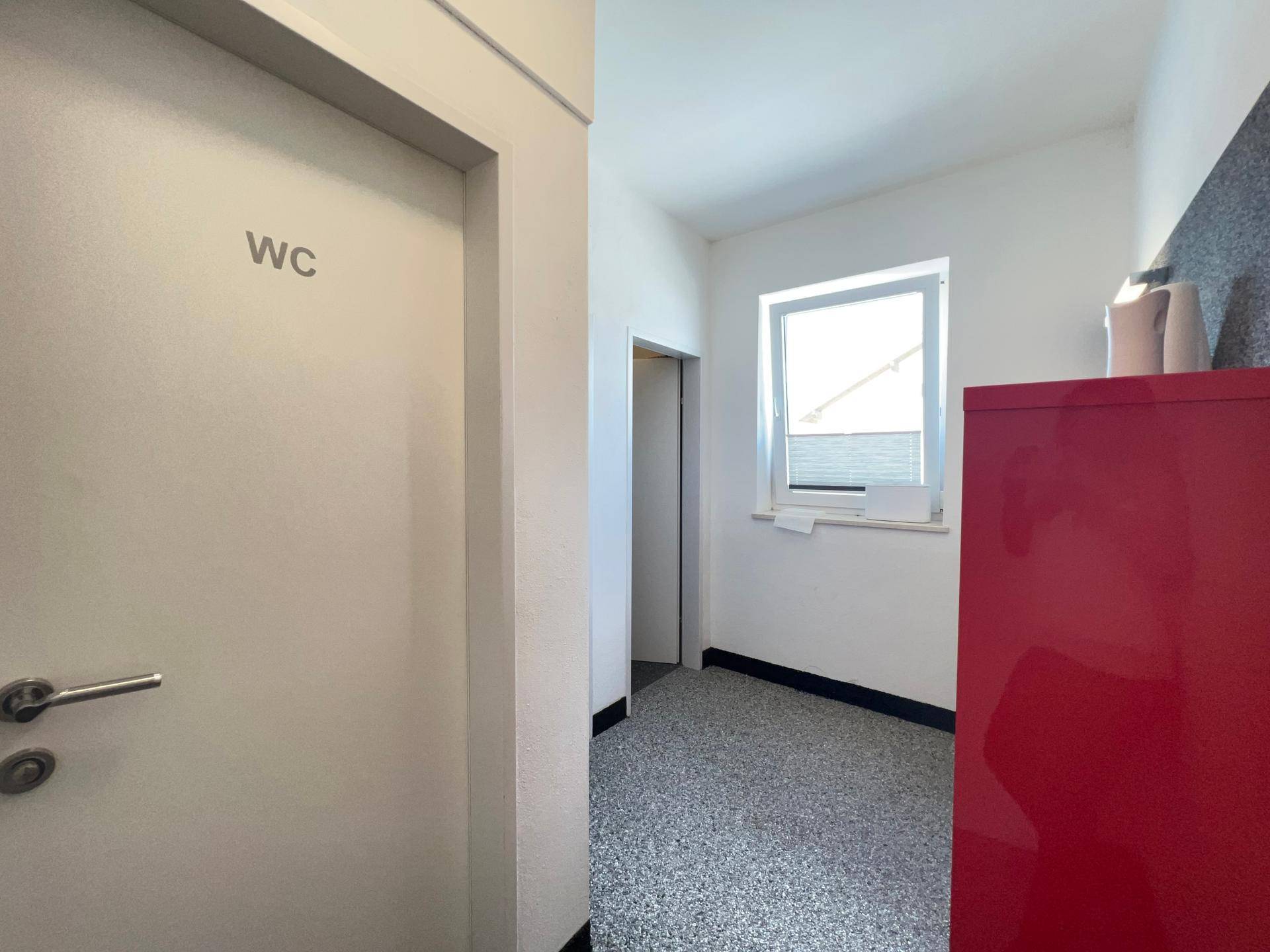 Heller Flur mit Zugang zu einer Toilette und einem Fenster, ausgestattet mit strapazierfähigem Vinylboden.
