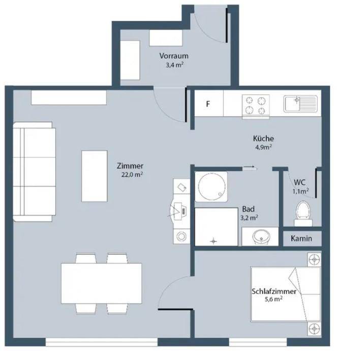 Detaillierter Grundriss der Wohnung mit Zimmern, Küche, Bad und WC, inklusive Flächenangaben.
