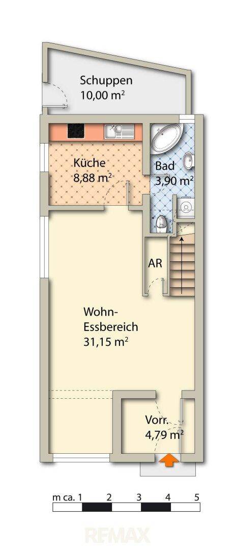 Grundriss des Erdgeschosses mit Wohn-Essbereich, Küche und Bad.