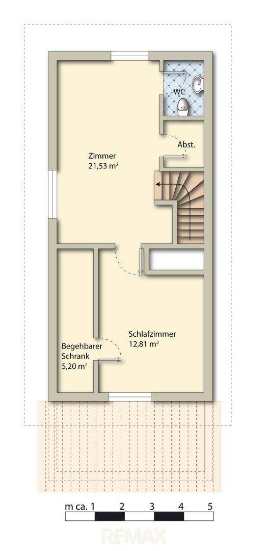 Grundriss des Obergeschosses mit Schlafzimmer, Zimmer und begehbarem Schrank.
