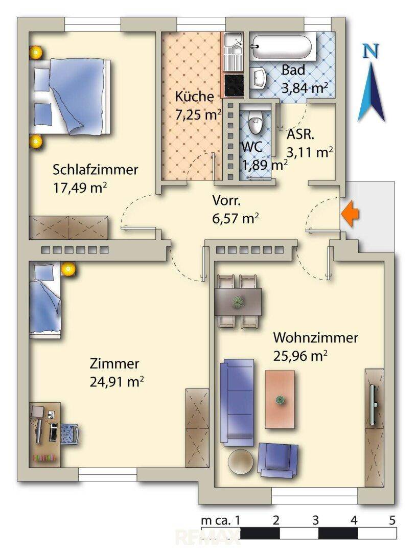 Farbiger Grundriss einer Wohnung mit drei Zimmern, Küche und Bad, der die Raumaufteilung zeigt.