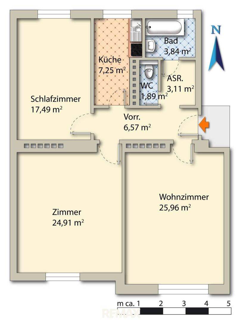 Grundriss einer Wohnung mit drei Zimmern, Küche und Bad, der die funktionale Anordnung der Räume darstellt.