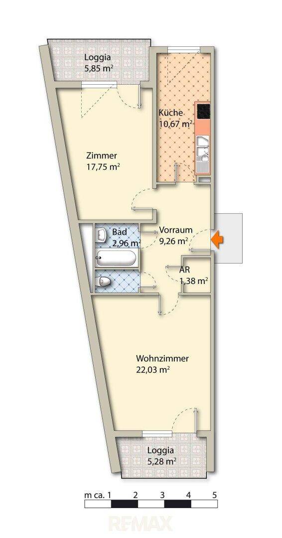 Detaillierter Grundriss einer Wohnung mit Zimmer, Küche, Bad, Vorraum und zwei Loggien.