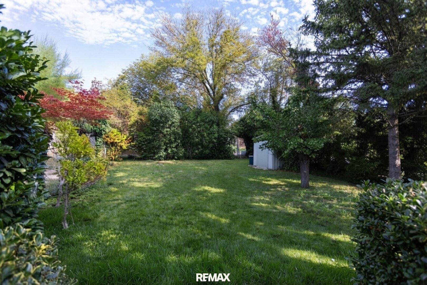 Weitläufiger Garten mit üppigem Grün und verschiedenen Bäumen unter blauem Himmel.