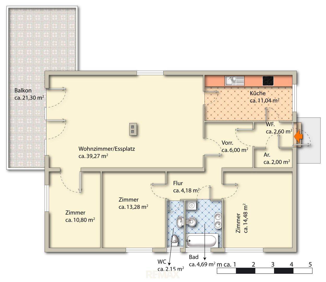 Grundriss einer Wohnung mit Balkon, Wohnzimmer/Essplatz, Küche und drei Zimmern.