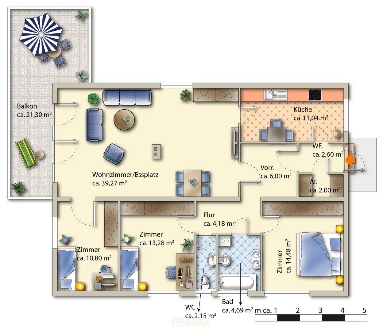 Möblierter Grundriss einer Wohnung mit Balkon, Wohnzimmer/Essplatz und drei Schlafzimmern.