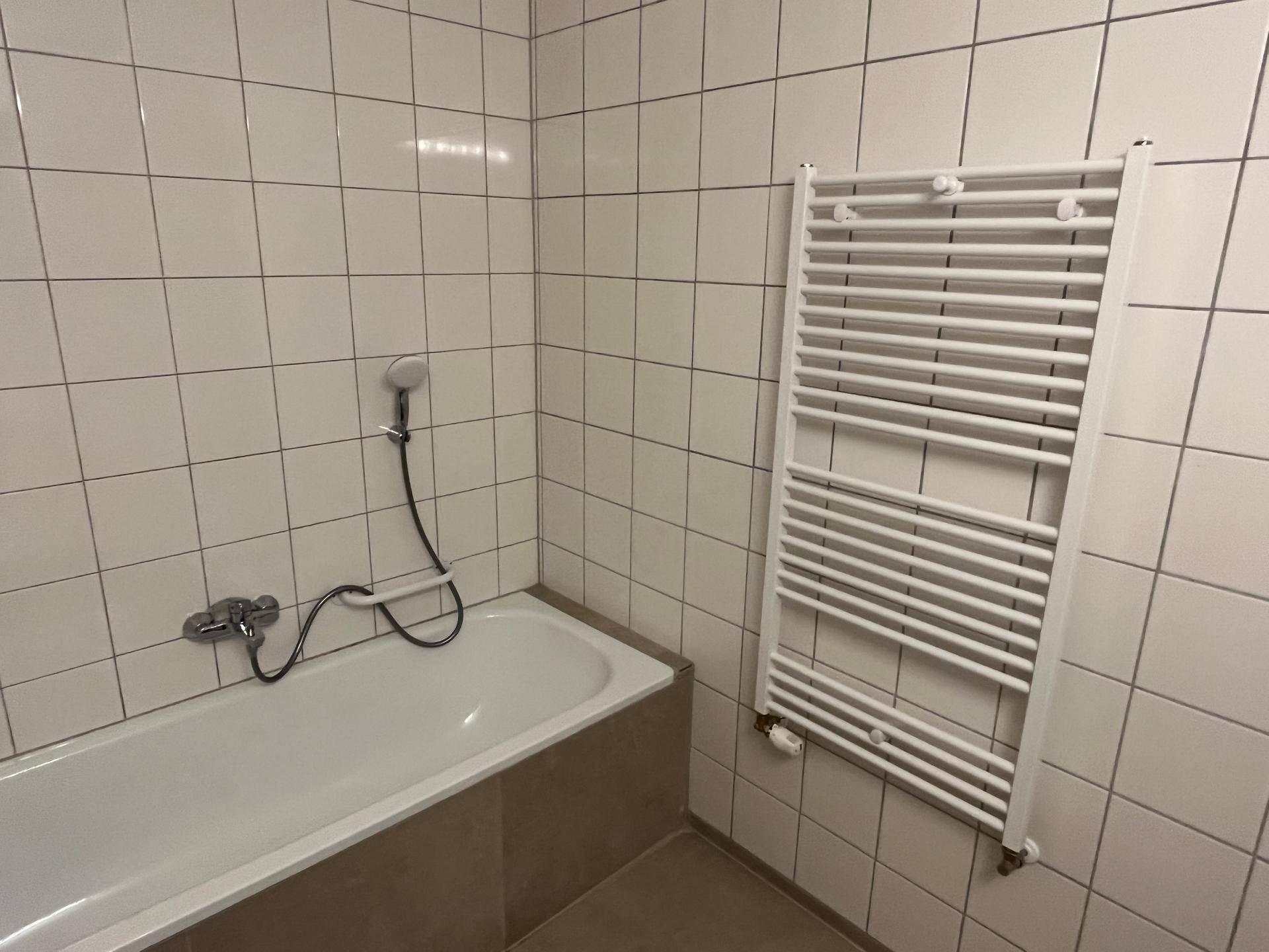 Badezimmer mit Badewanne, integrierter Duschfunktion und einem praktischen weißen Handtuchheizkörper an der Wand.