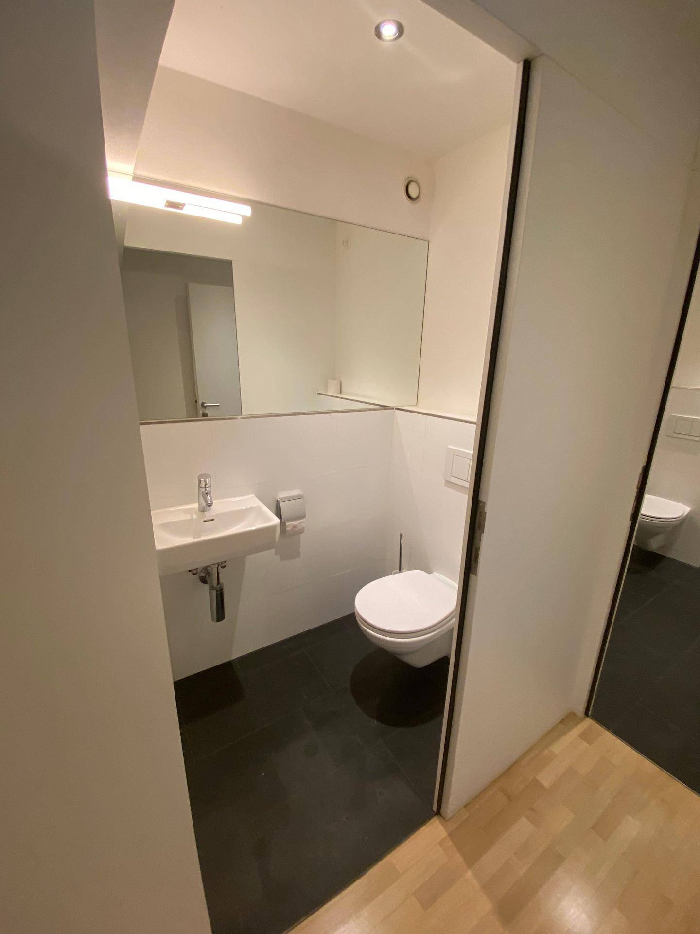 Kleiner Toilettenraum mit Waschbecken und wandhängendem WC, ausgestattet mit dunklen Fliesen und moderner Einrichtung.