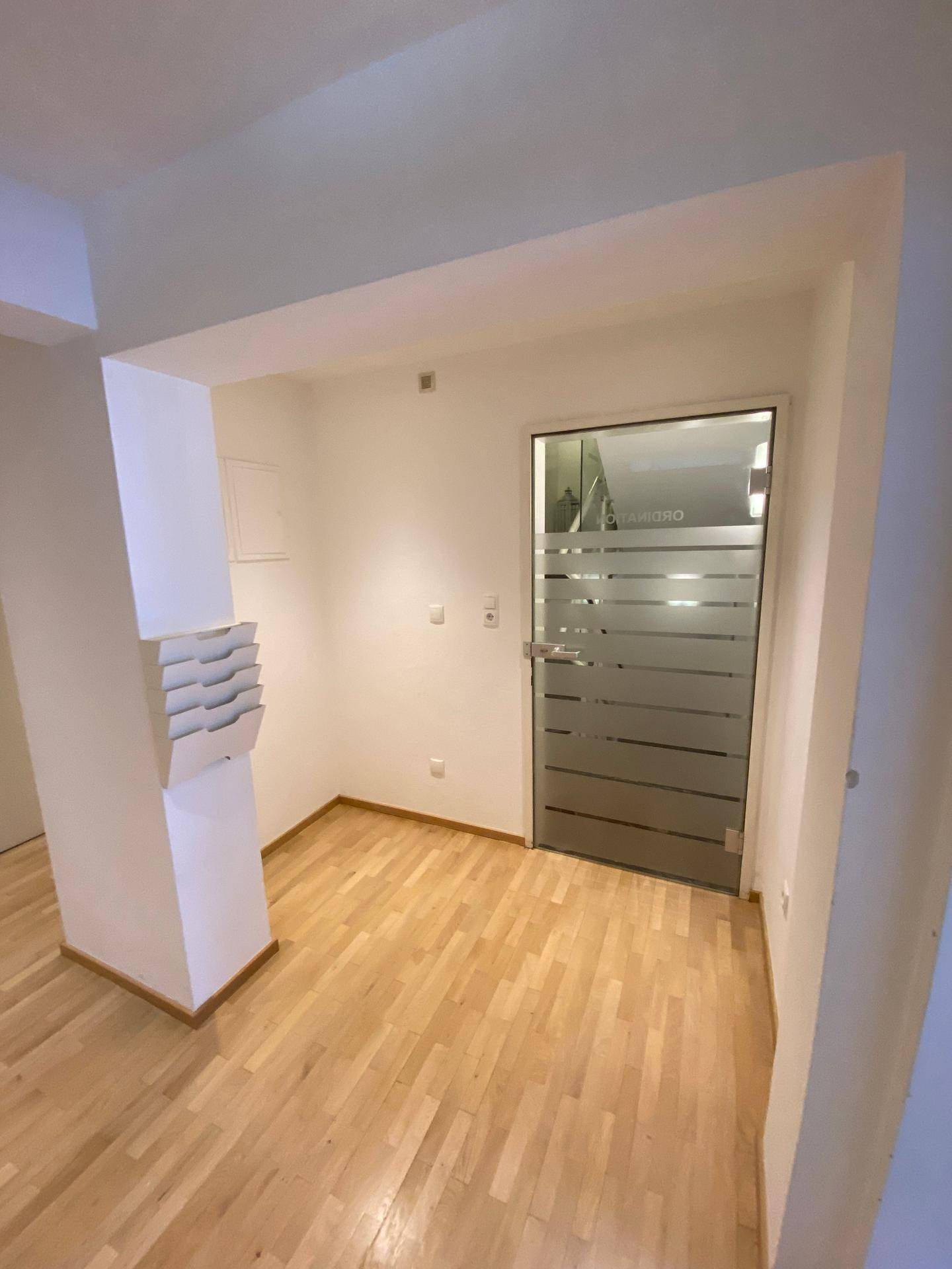 Ecke eines hellen Flurs mit Holzboden und einer Milchglastür, die zu einem weiteren Raum führt.