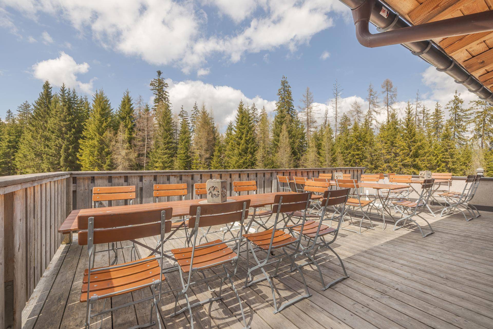 Große Holzterrasse mit zahlreichen Tischen und Stühlen, umgeben von einem dichten Nadelwald unter blauem Himmel.