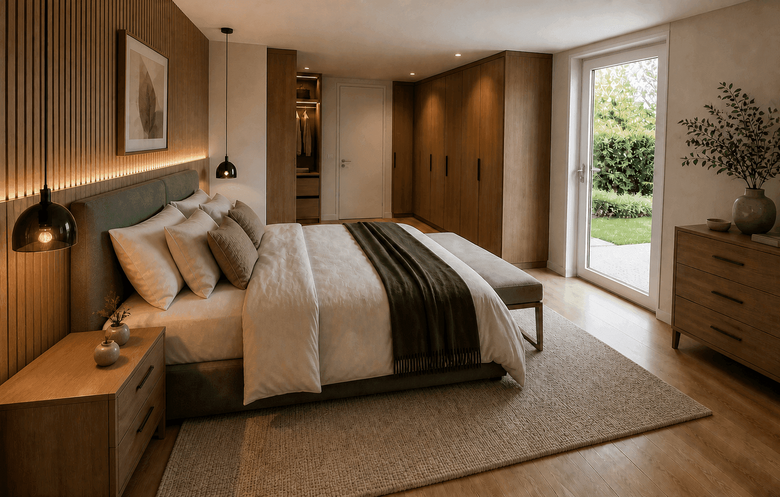 Elegantes Schlafzimmer mit Holzböden, Einbauschränken und direktem Zugang zum privaten Garten.