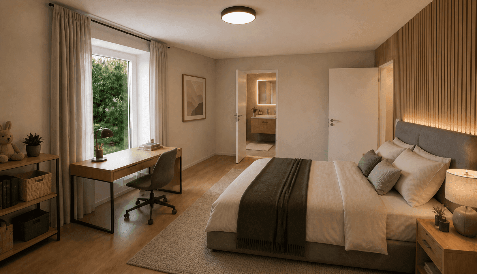 Gemütliches Schlafzimmer mit Arbeitsbereich am Fenster und direktem Zugang zum modernen Badezimmer.