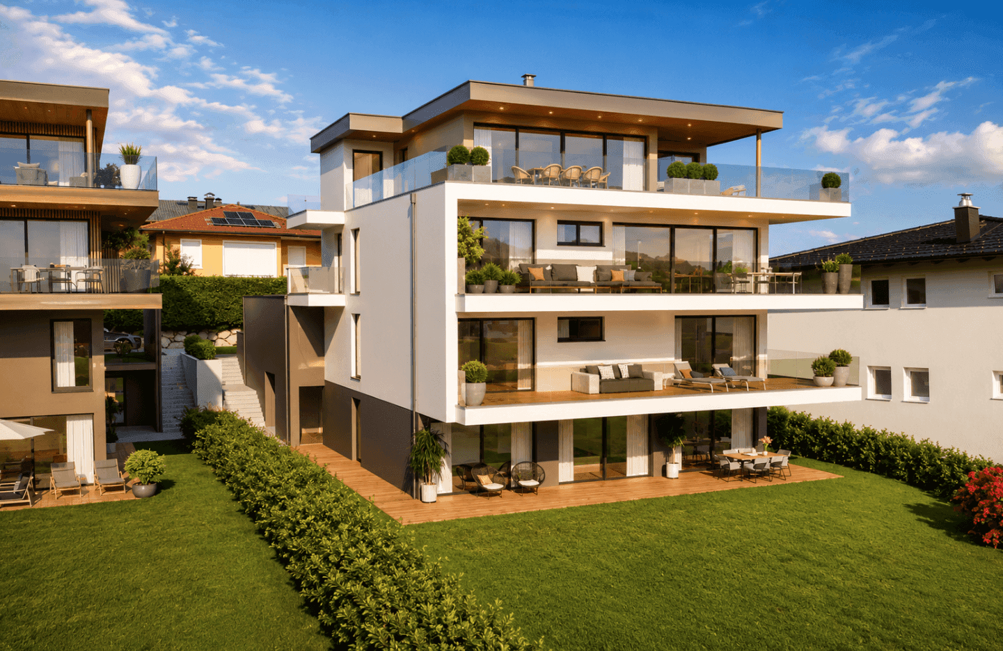 Architektonische Ansicht der modernen Wohnanlage mit Terrassen und umliegender Bebauung.