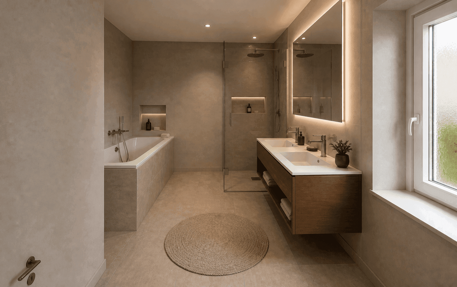 Modernes Badezimmer mit Doppelwaschbecken, begehbarer Dusche, Badewanne und Fenster.