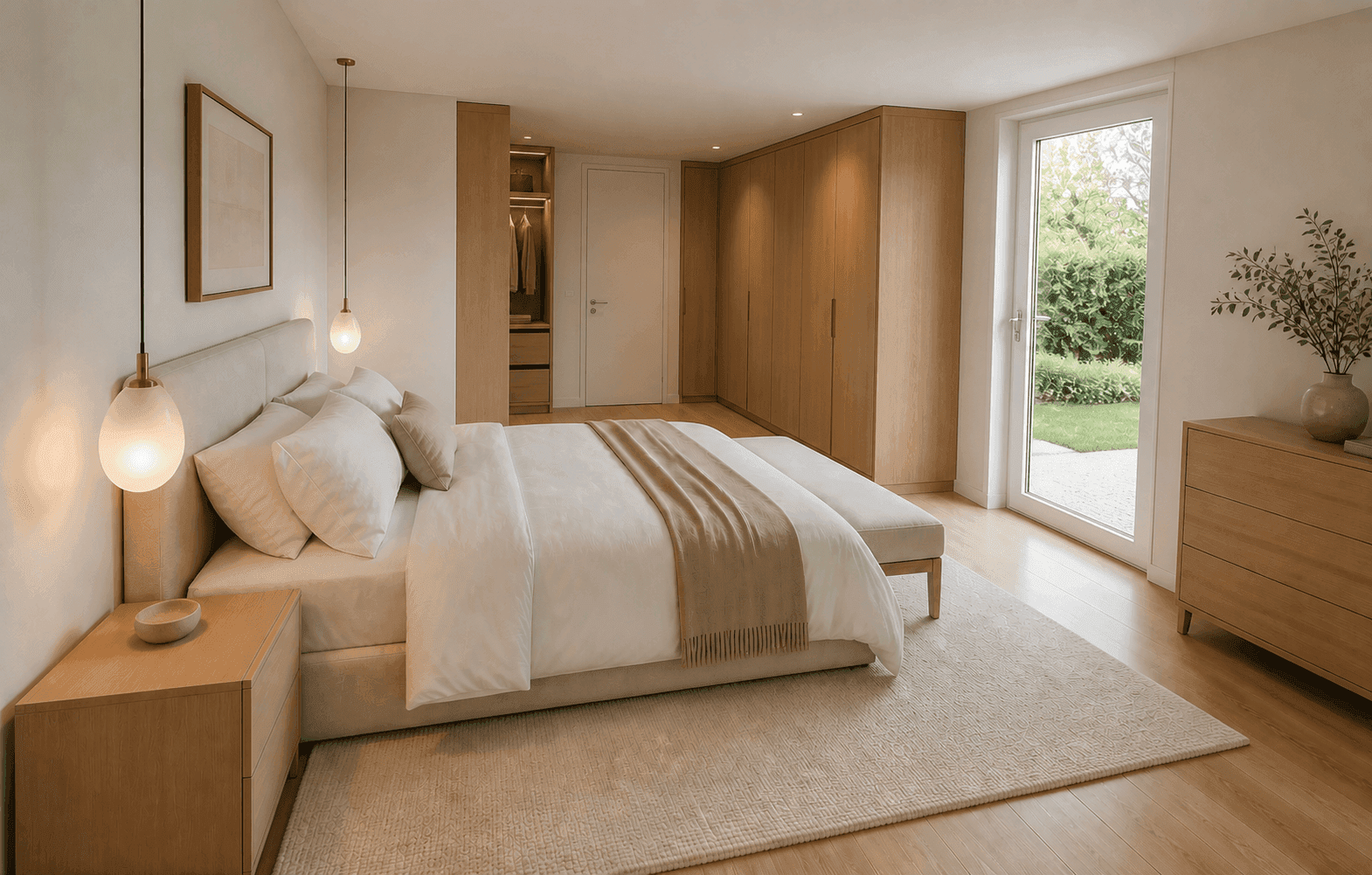 Modernes Schlafzimmer mit Holzeinbauschränken, großem Bett und direktem Zugang zum Garten.