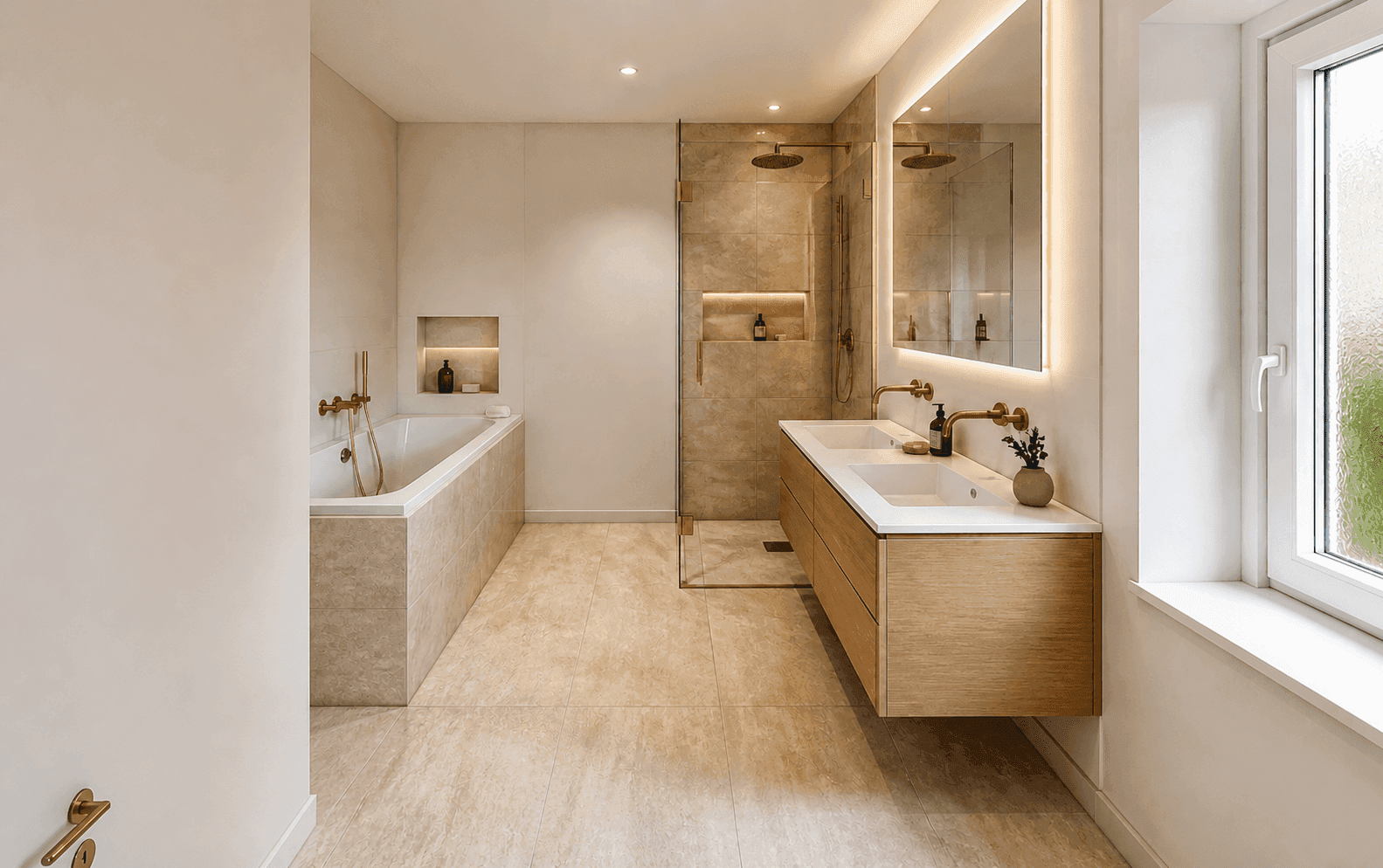 Modernes Badezimmer mit Doppelwaschbecken, begehbarer Dusche und Badewanne.