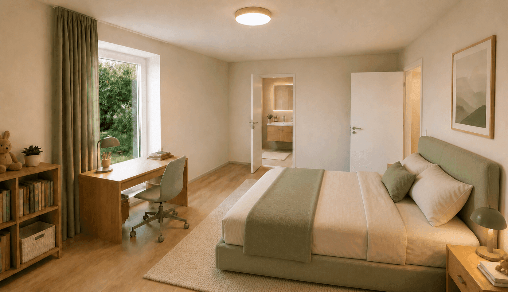 Gemütliches Schlafzimmer mit Schreibtisch, Bücherregal und Blick auf das Grüne, mit Badzugang.